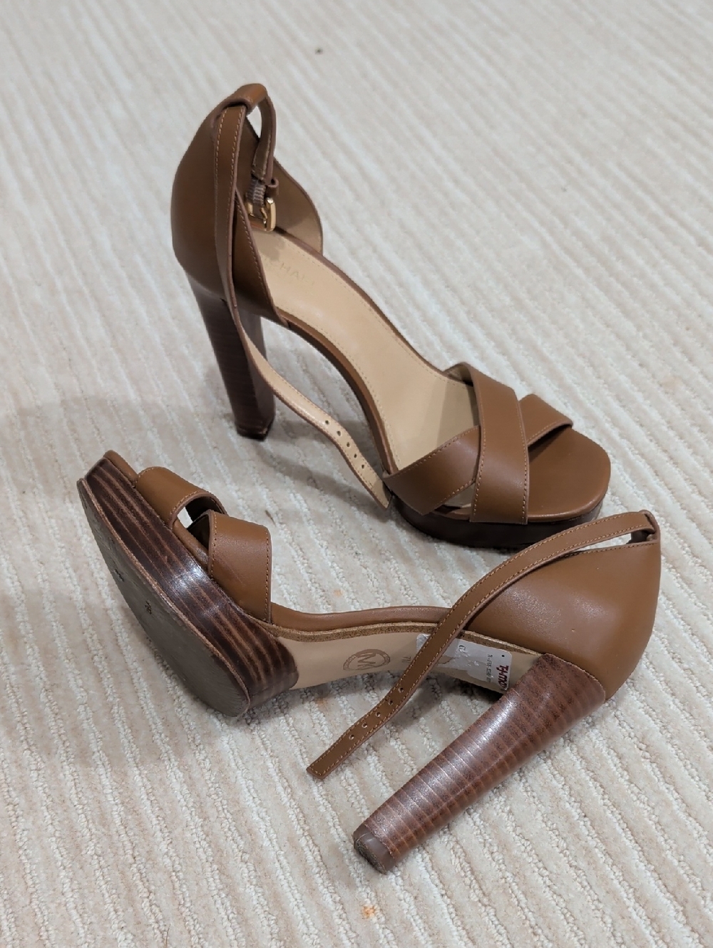 Michael Kors Tan Brown Leather Cross-Strap High Heels Size 7